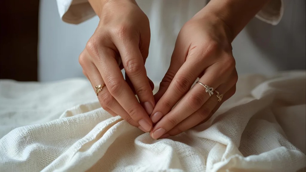 Hands gently smoothing a soft white cloth, symbolizing tenderness, care, and end-of-life support.